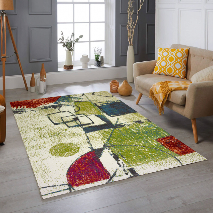 Tapis Salon Géométrique 160x230 Cm – Tapis Moderne Poils Ras Multicolore | Polypropylène Doux Pour Chambre Salon