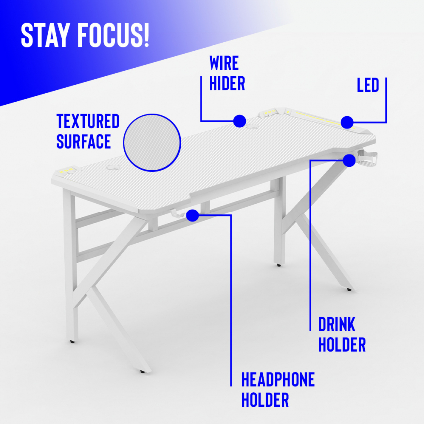 Gaming-Schreibtisch 120x60cm LED Carbon ergonomischer Kopfhörerhalter Sportbot LED 120 