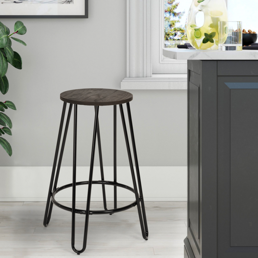 Taburete alto de diseño industrial de metal y madera para bar, restaurante y cocinas Carbon Top Descueto