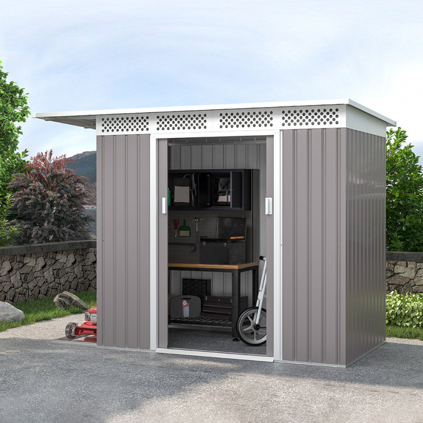 Abri de jardin en tôle galvanisée grise pour outils de jardin Tyrol 257X142x184cm Promotion