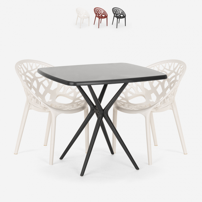 Set quadratischer Tisch schwarz 70x70cm 2 Designer Stühle Moai Black Angebot