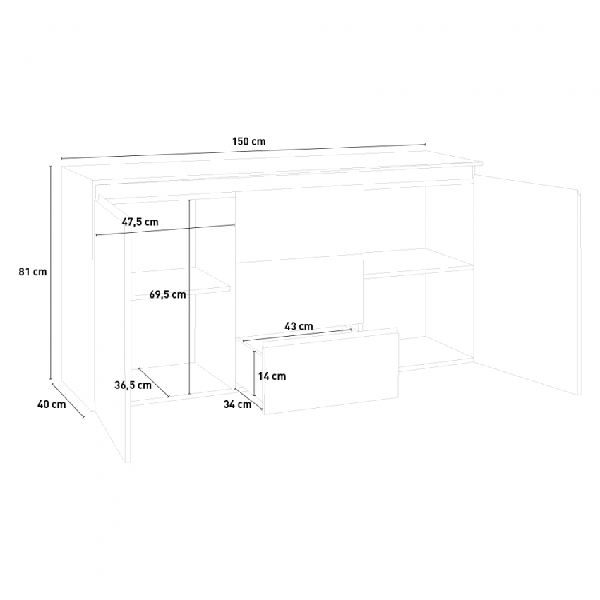 Sideboard 2 Türen 3 Schubladen 150cm Eingangsbereich Wohnzimmer Flur Magic Kaip Katalog