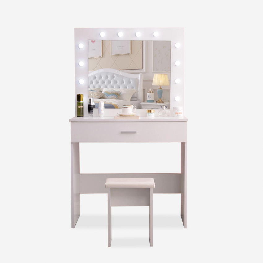 Mobiler Schminktisch mit Spiegel mit LED-Lampen und Hocker Gaia Verkauf